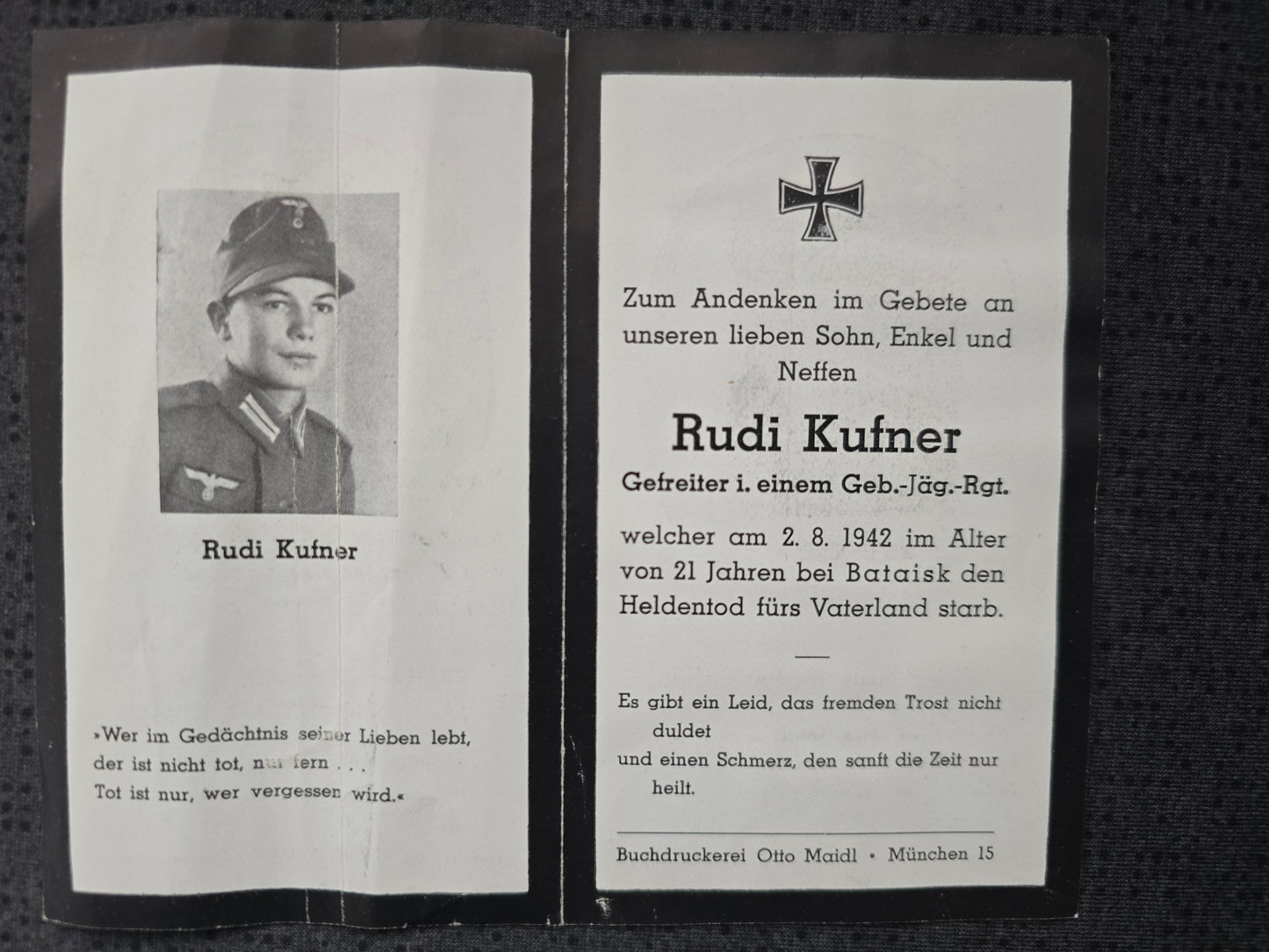 Sterbebild Gefreiter München 12. Komp. Geb. Jäger Regiment 13 Bataisk Rostow Russland