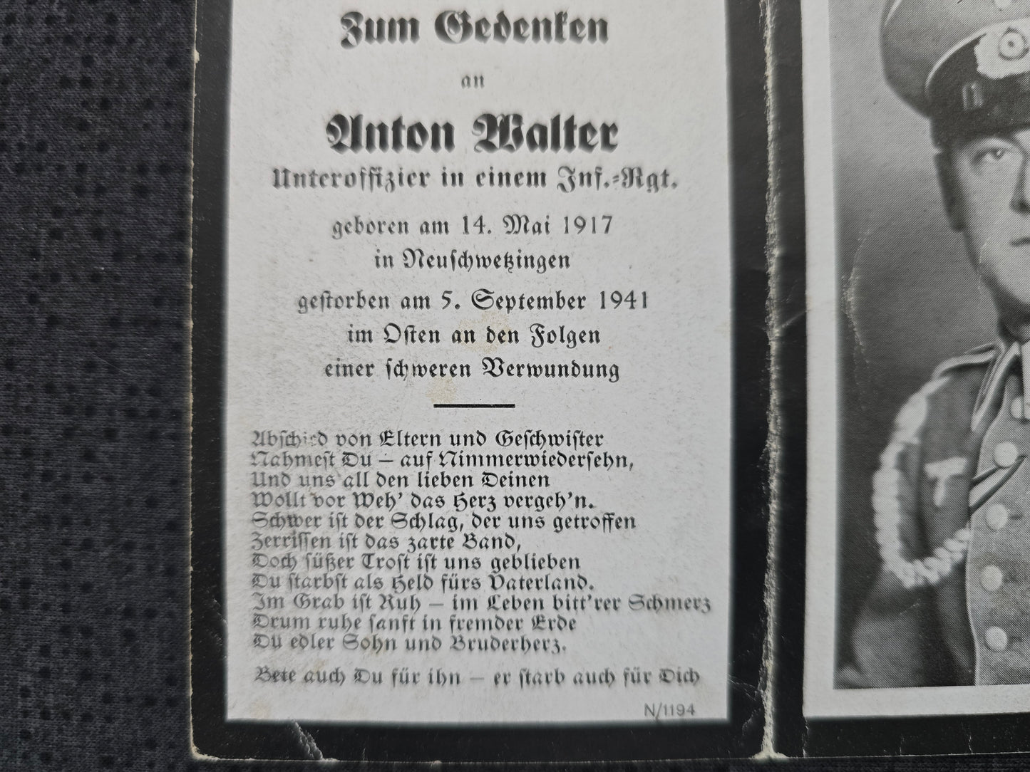 Sterbebild Unteroffizier Neuschwetzingen 3. Komp. Schützen Regt. 63 Witemlja Russland