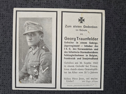 Sterbebild Gefreiter Dachau 1. Komp. Jäger Regt. 207 EK II Trawalewa Russland