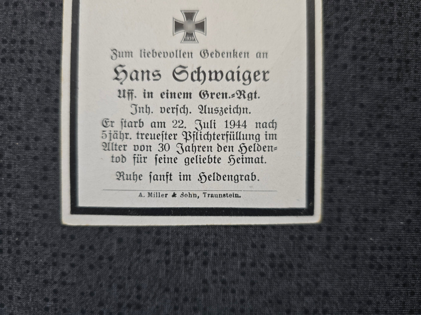 Sterbebild Unteroffizier Traunstein Grenadier Regt. Osten