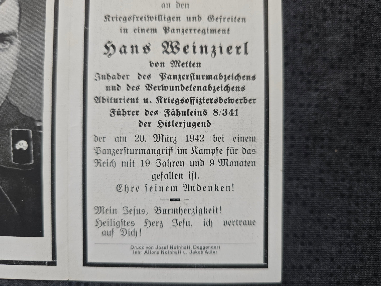 Sterbebild Gefreiter Metten Panzer Regt. PSA Fähnleinführer HJ Panzersturmangriff Pogorelki Russland