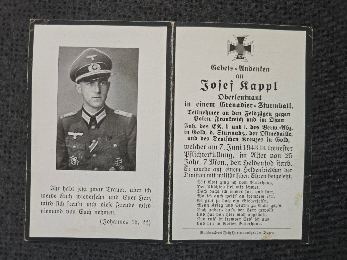 Sterbebild Oberleutnant Welchenberg 12. Komp. Gren. Regt. 216 EK I&II DKiG Archangelskoje Kursk Russland