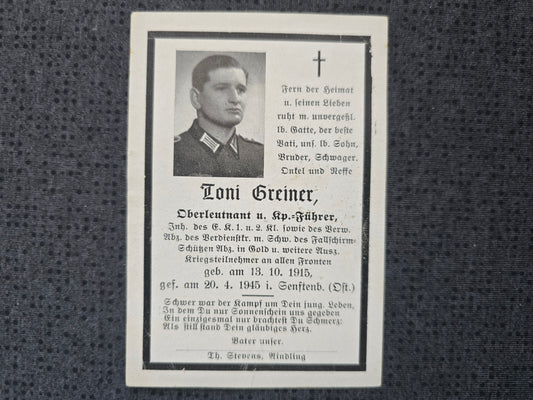 Sterbebild Oberleutnant Fallschirmjäger Regt. EK I&II Fallschirmschützen Abz. Gold Endkampf Senftenberg
