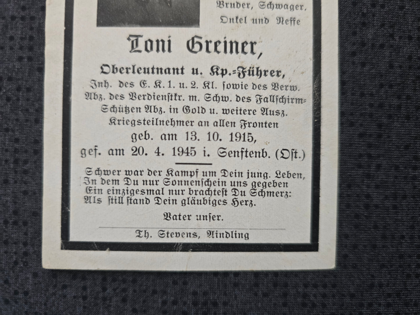 Sterbebild Oberleutnant Fallschirmjäger Regt. EK I&II Fallschirmschützen Abz. Gold Endkampf Senftenberg