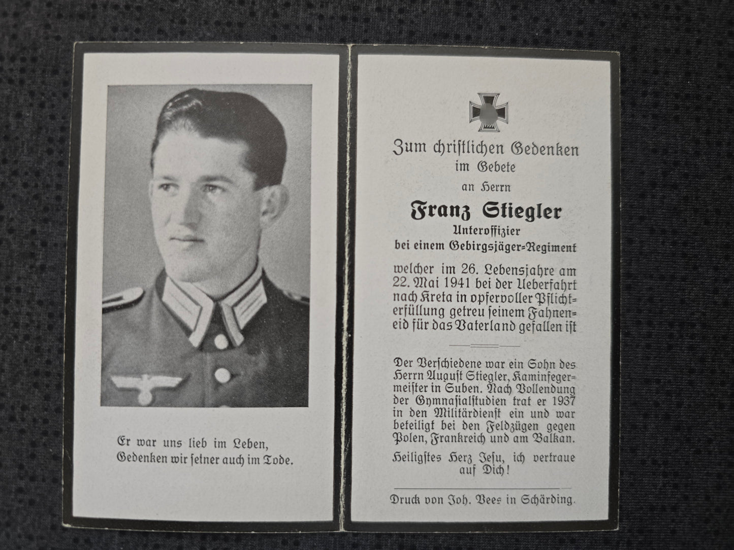 Sterbebild Unteroffizier Schärding 4. Komp. Geb. Jäger Regt. 141 Kreta Italienischer Zerstörer "Sella" Griechenland