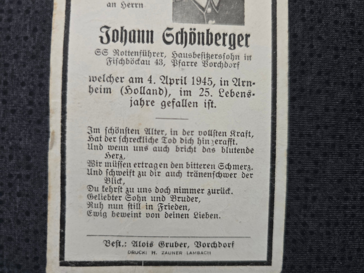 Sterbebild SS-Rottenführer Borchdorf Endkampf Arnheim Ysselsteyn Holland