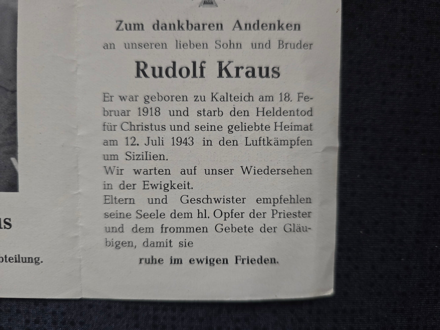 Sterbebild Obergefreiter Kalteich 9. Komp. Luftnachrichten Regt. 110 Luftkampf Catania Sizilien Italien