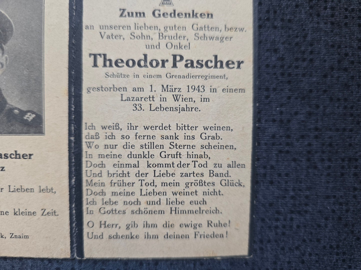 Sterbebild Schütze Borotitz 2. Landesschützen Ausb. Btl. 17 Wien Lechovice Tschechien Österreich