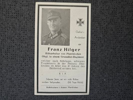 Sterbebild Obergefreiter Pfarrkirchen Grenadier Regt. Festung Dünkirchen Frankreich