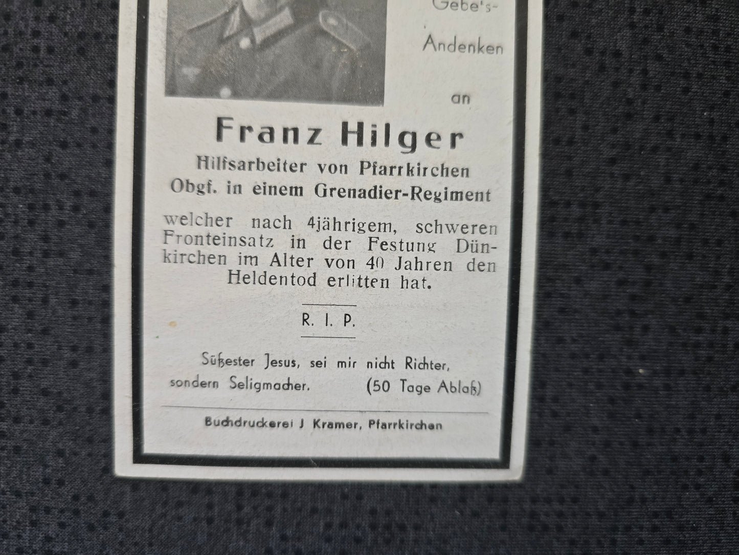 Sterbebild Obergefreiter Pfarrkirchen Grenadier Regt. Festung Dünkirchen Frankreich