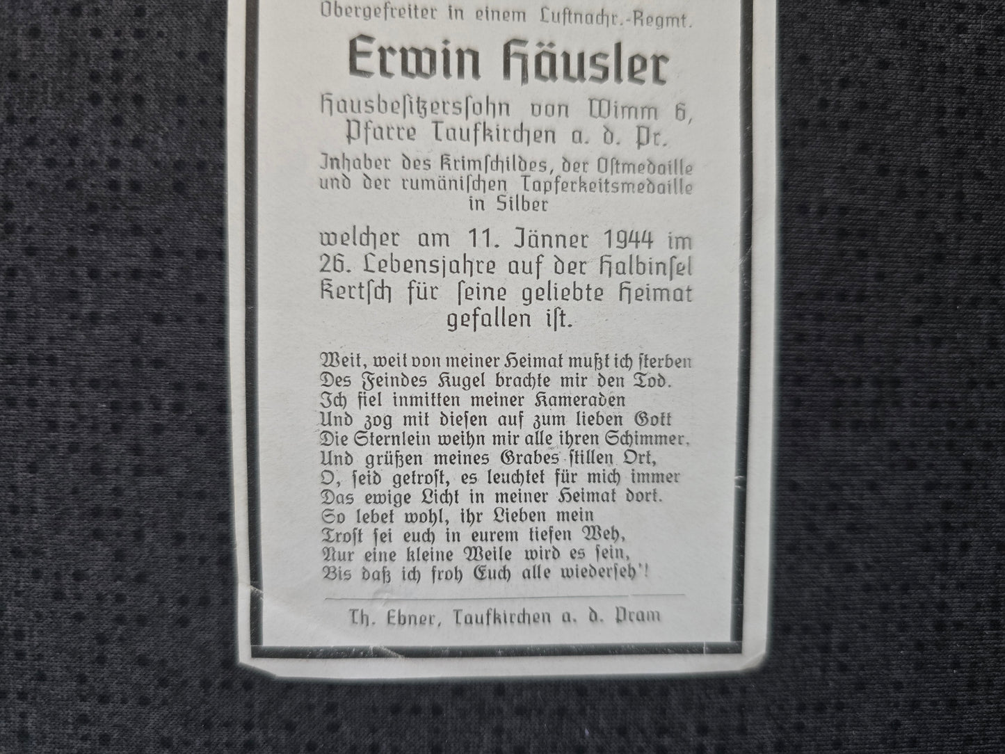 Sterbebild Obergefreiter Taufkirchen 7. Luft-Nachrichten Regt. 34 Krimschild Rumänischer Tapferkeitsorden Insel Kertsch Ukraine