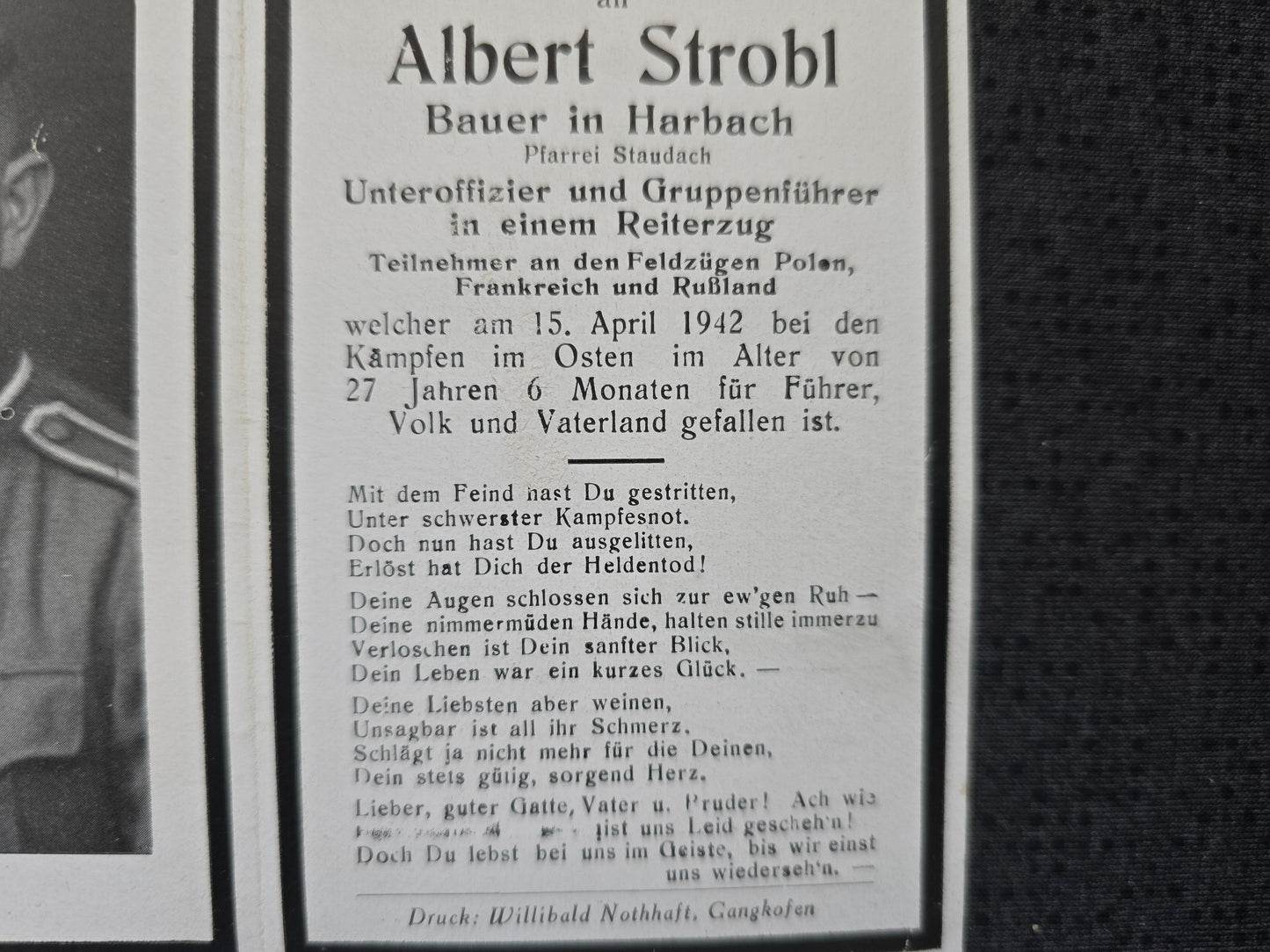 Sterbebild Unteroffizier & Gruppenführer Reiterzug Harbach Stabskomp. Inf. Regt. 88 Grewo Russland