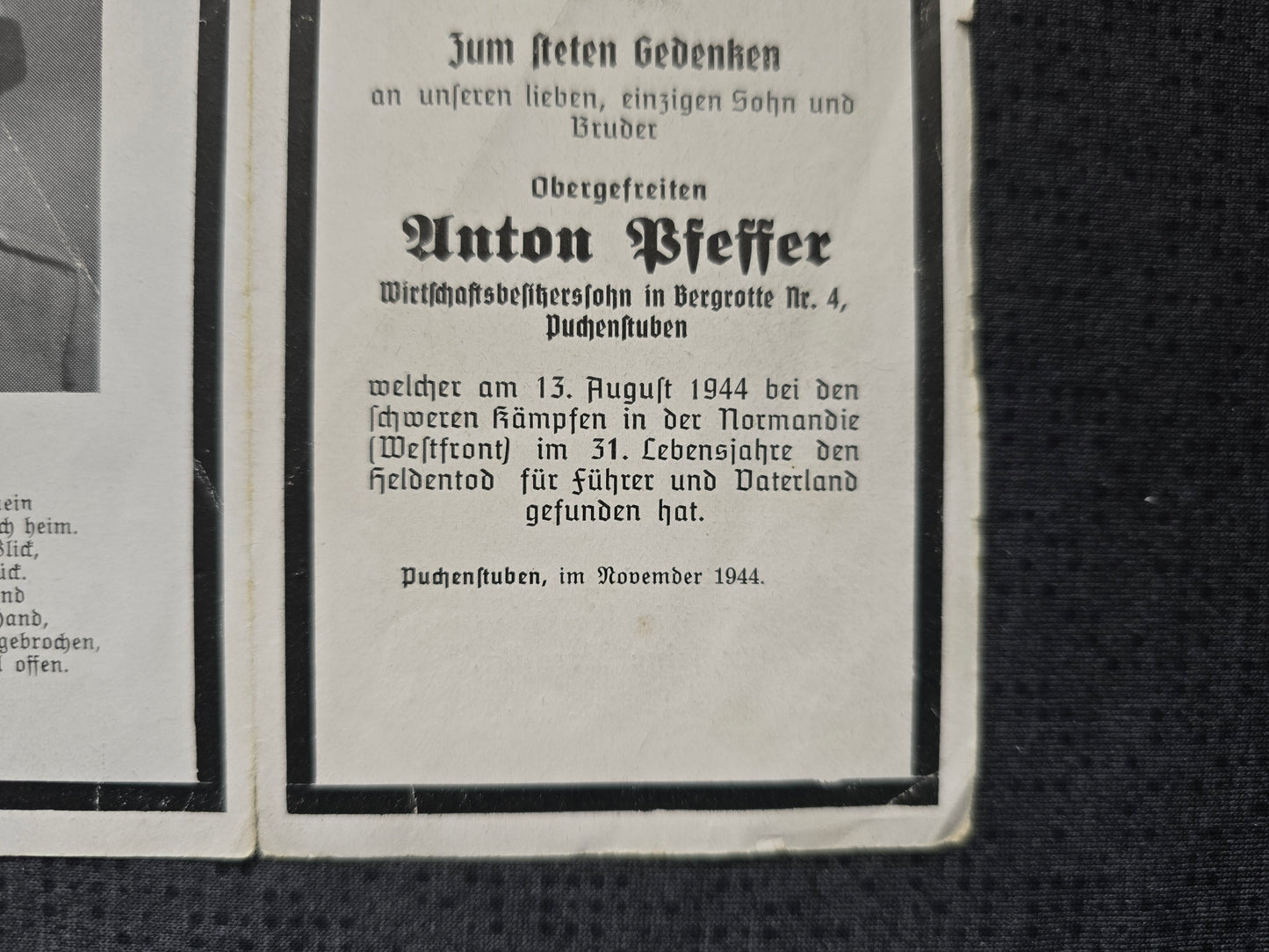 Sterbebild Obergefreiter Puchenstuben schwere Kämpfe Normandie Westfront Mont d'Huisnes Frankreich