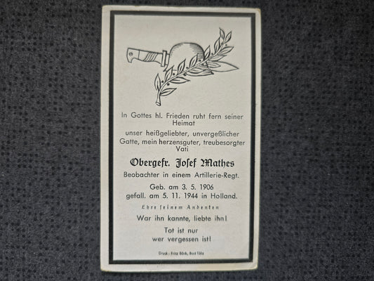 Sterbebild Obergefreiter Unterammergau Artillerie Regt. Ysselsteyn Holland