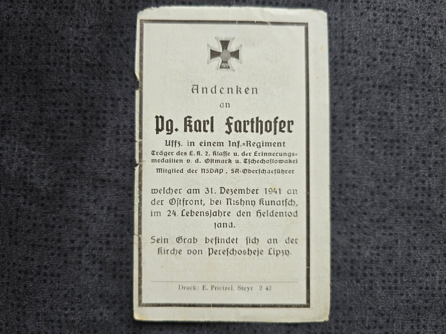 Sterbebild Unteroffizier Grünburg 6. Komp. Inf. Regt. 133 SA-Oberscharführer Ostmarkmedaille Nishno Kunatsch Russland