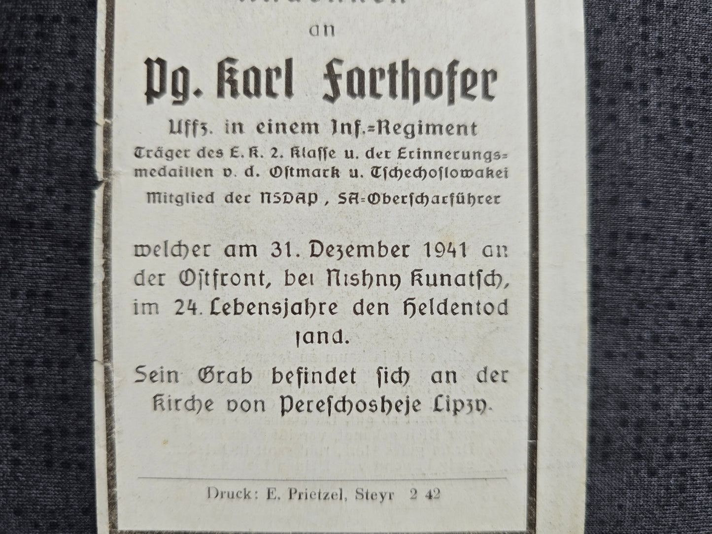 Sterbebild Unteroffizier Grünburg 6. Komp. Inf. Regt. 133 SA-Oberscharführer Ostmarkmedaille Nishno Kunatsch Russland