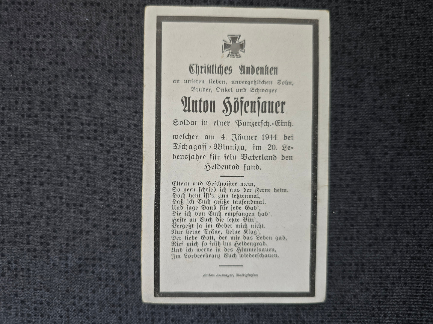 Sterbebild Schütze Braunau 3. Komp. Panzer Aufkl. Abt. 7 Tschakoff-Winniza Russland