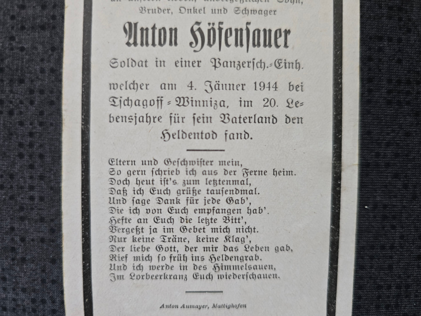 Sterbebild Schütze Braunau 3. Komp. Panzer Aufkl. Abt. 7 Tschakoff-Winniza Russland