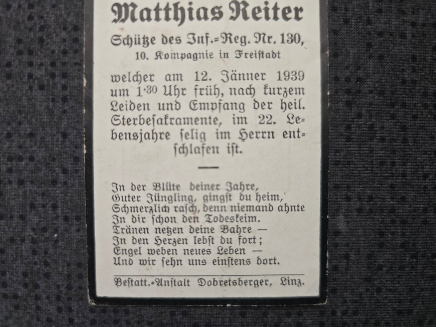 Sterbebild Schütze Freistadt 10. Komp. Inf. Regt. 130 Gestorben 1939 Deutschland