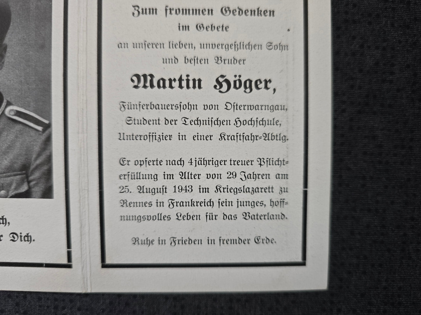 Sterbebild Unteroffizier Osterwarngau Kraftfahr Abteilung Rennes Mont d'Huisnes Frankreich