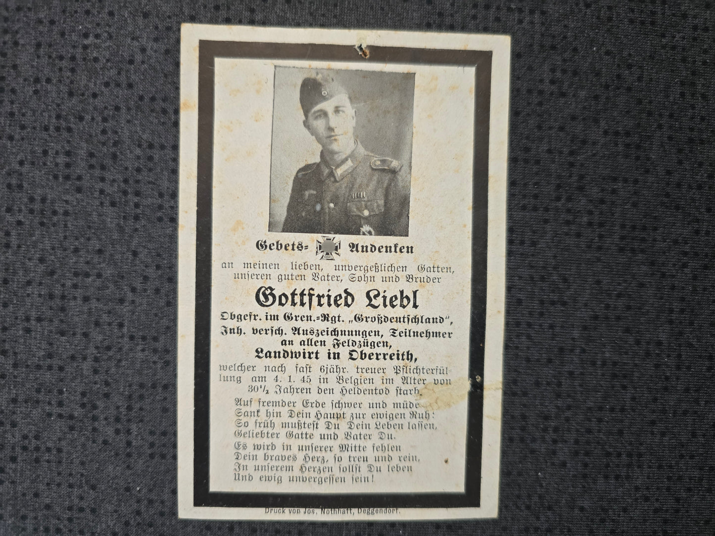 Sterbebild Obergefreiter Oberreith Grenadier Regt. "Großdeutschland" GD Endkampf Belgien