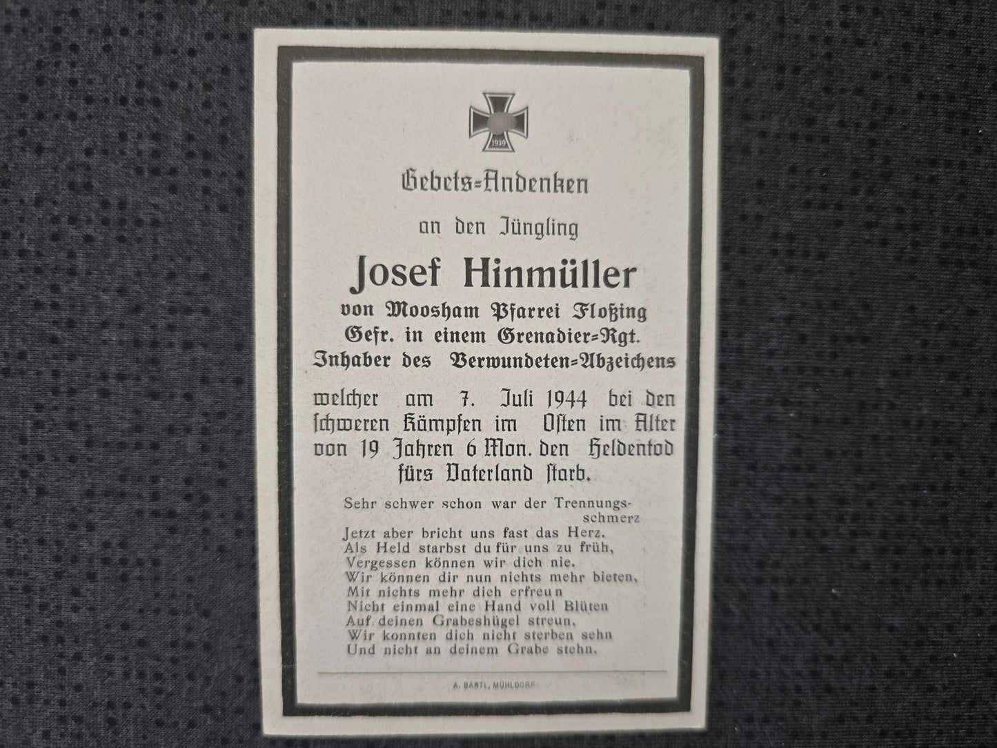 Sterbebild Gefreiter Moosham Grenadier Regt. schwere Kämpfe Osten