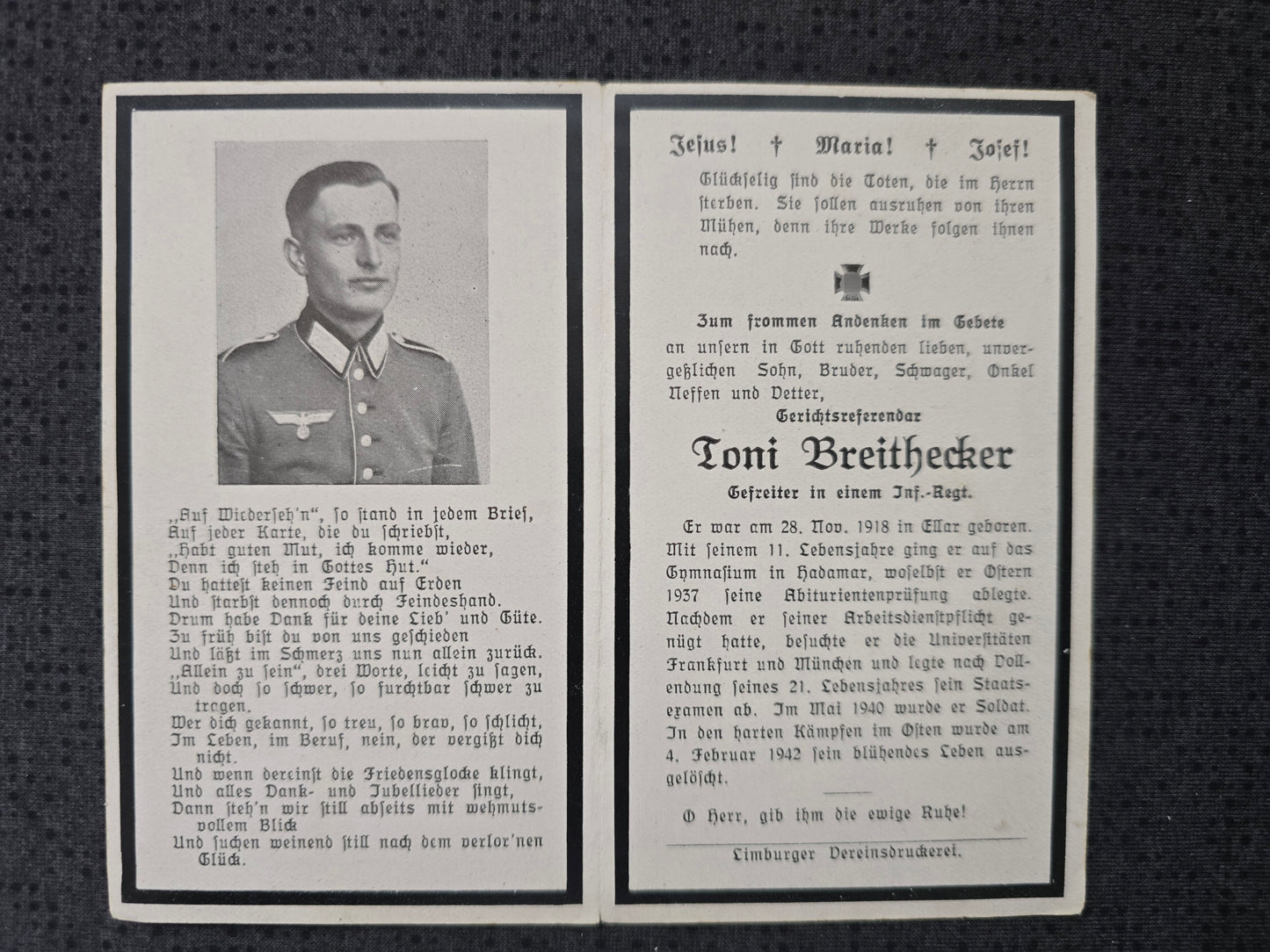 Sterbebild Gefreiter Ellar 2. Komp. Inf. Regt. 124 Russland