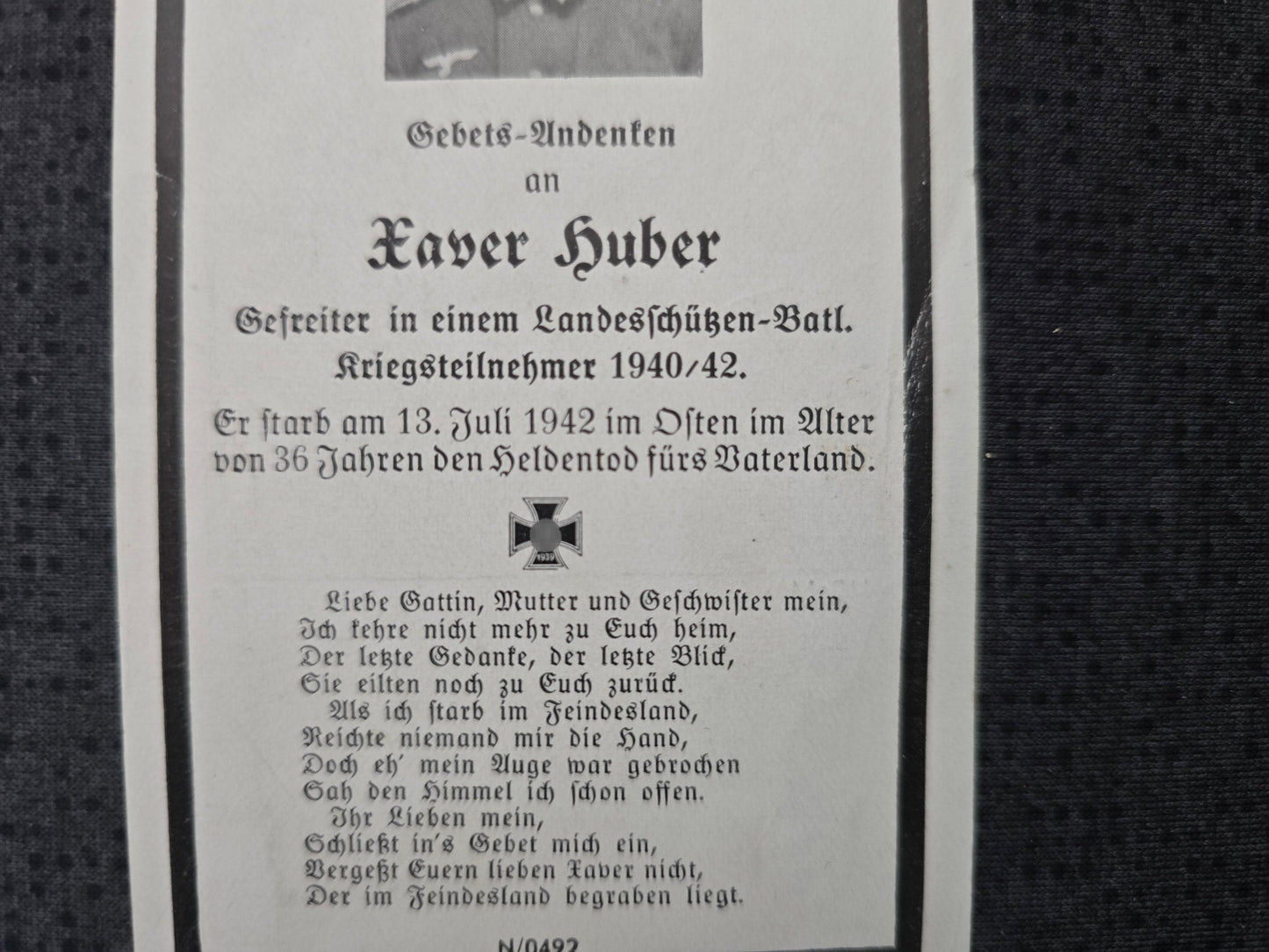 Sterbebild Gefreiter Niederlindhorst 1. Komp. Landeschützen Btl. 342 Eisenbahn Polozk Newel Russland