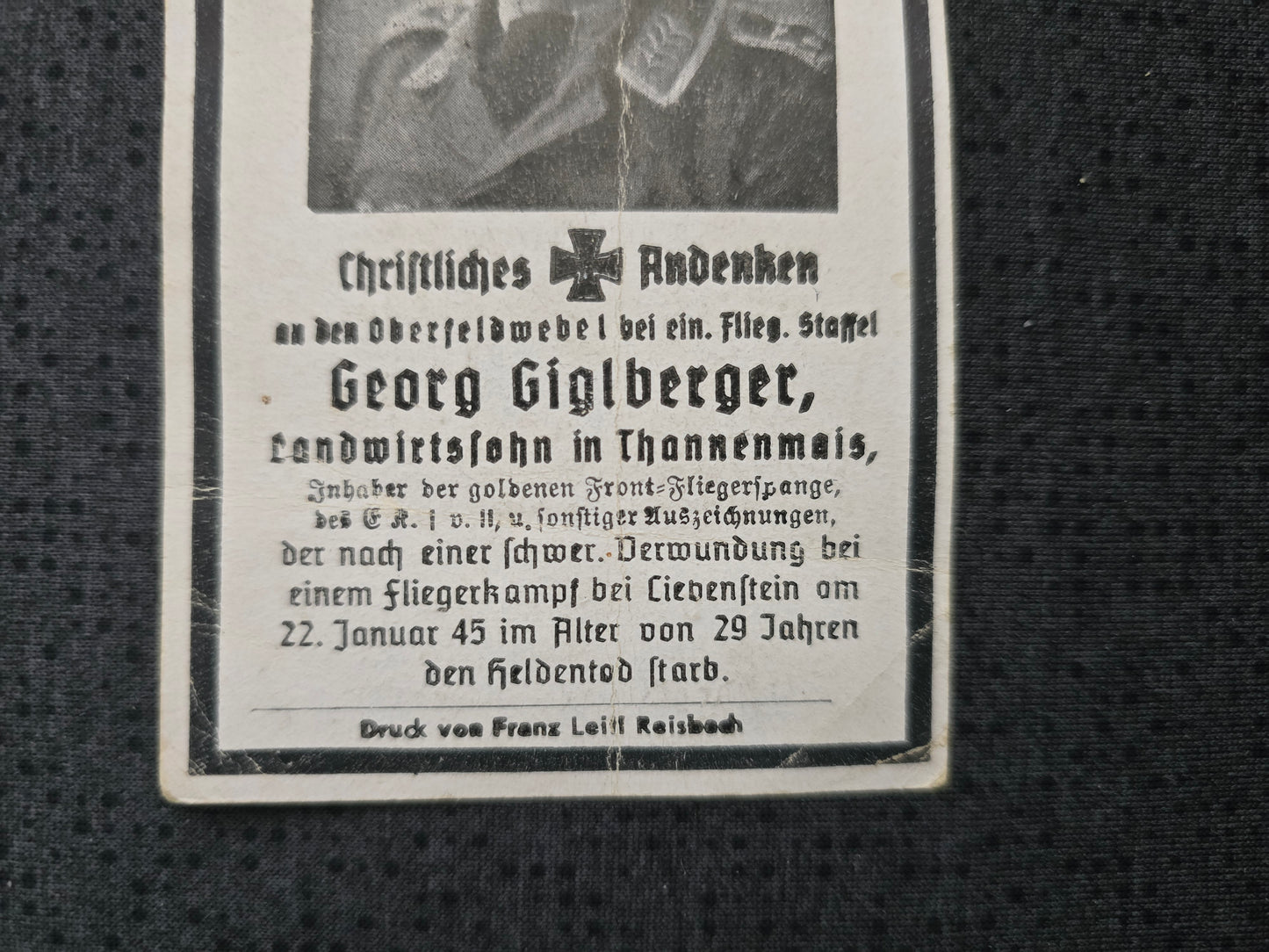 Sterbebild Oberfeldwebel Fliegerstaffel Thannenmais II. Flak-Flug Geschwader 3 FFS Gold Endkampf Bad Liebenstein Deutschland