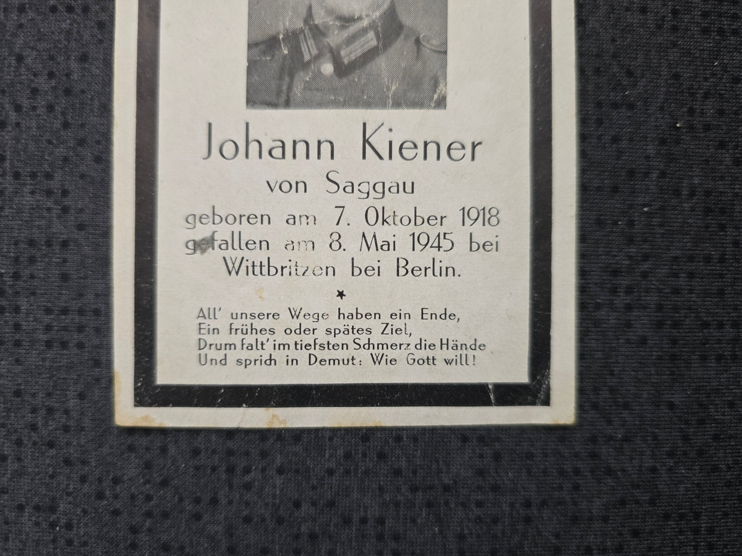 Sterbebild Gefreiter Saggau Endkampf Letzter Tag 08.05.1945 Wittbritzen Berlin Deutschland