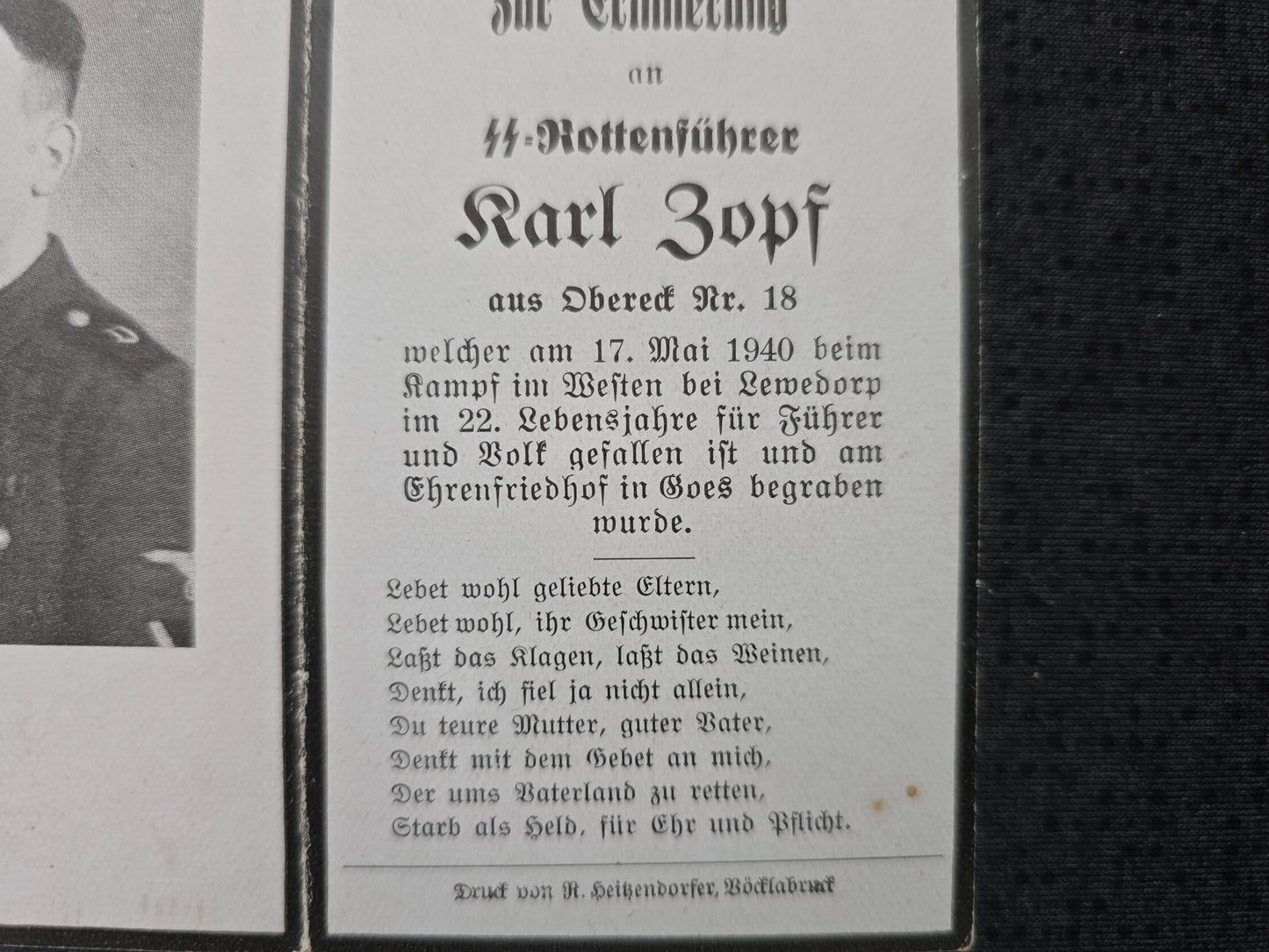 Sterbebild SS-Rottenführer Schörfling 9. Komp. SS Regt. "Deutschland" Lewedorp Zeeland Holland