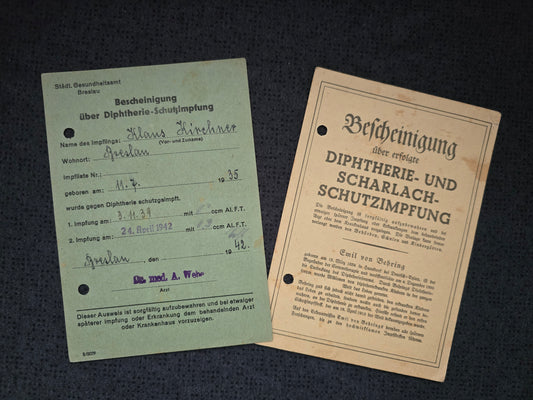 Bescheinigung Schutzimpfung Diphterie Scharlach Breslau 1939 Schlesien Polen
