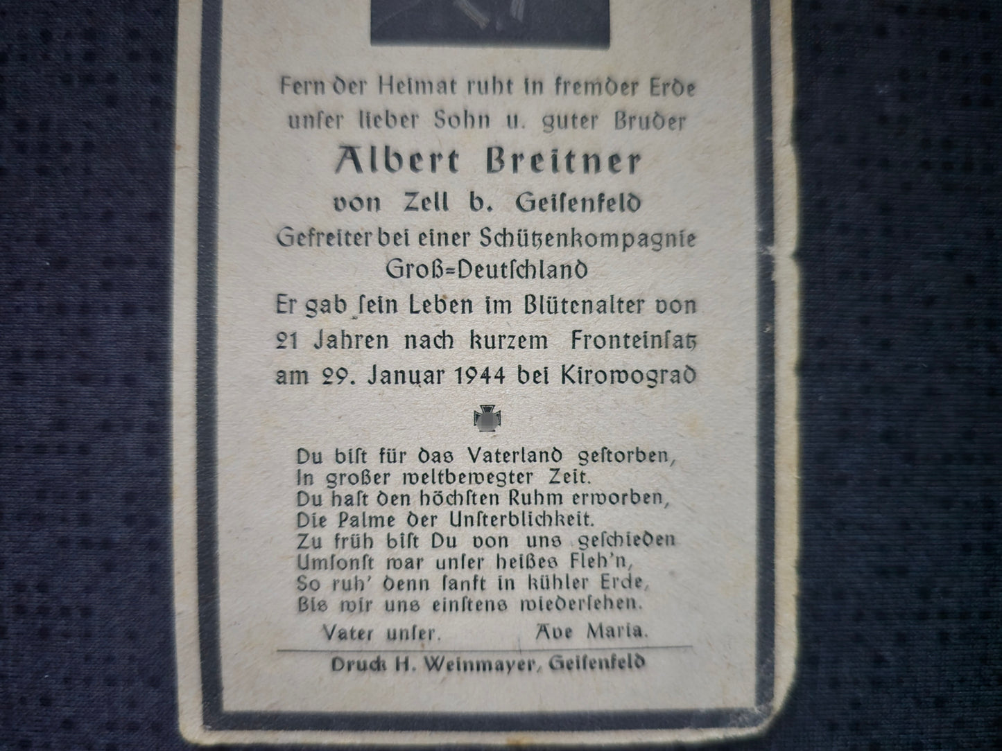 Sterbebild Gefreiter Greifenfeld Schützenkompanie "Großdeutschland" GD Kirowograd Russland