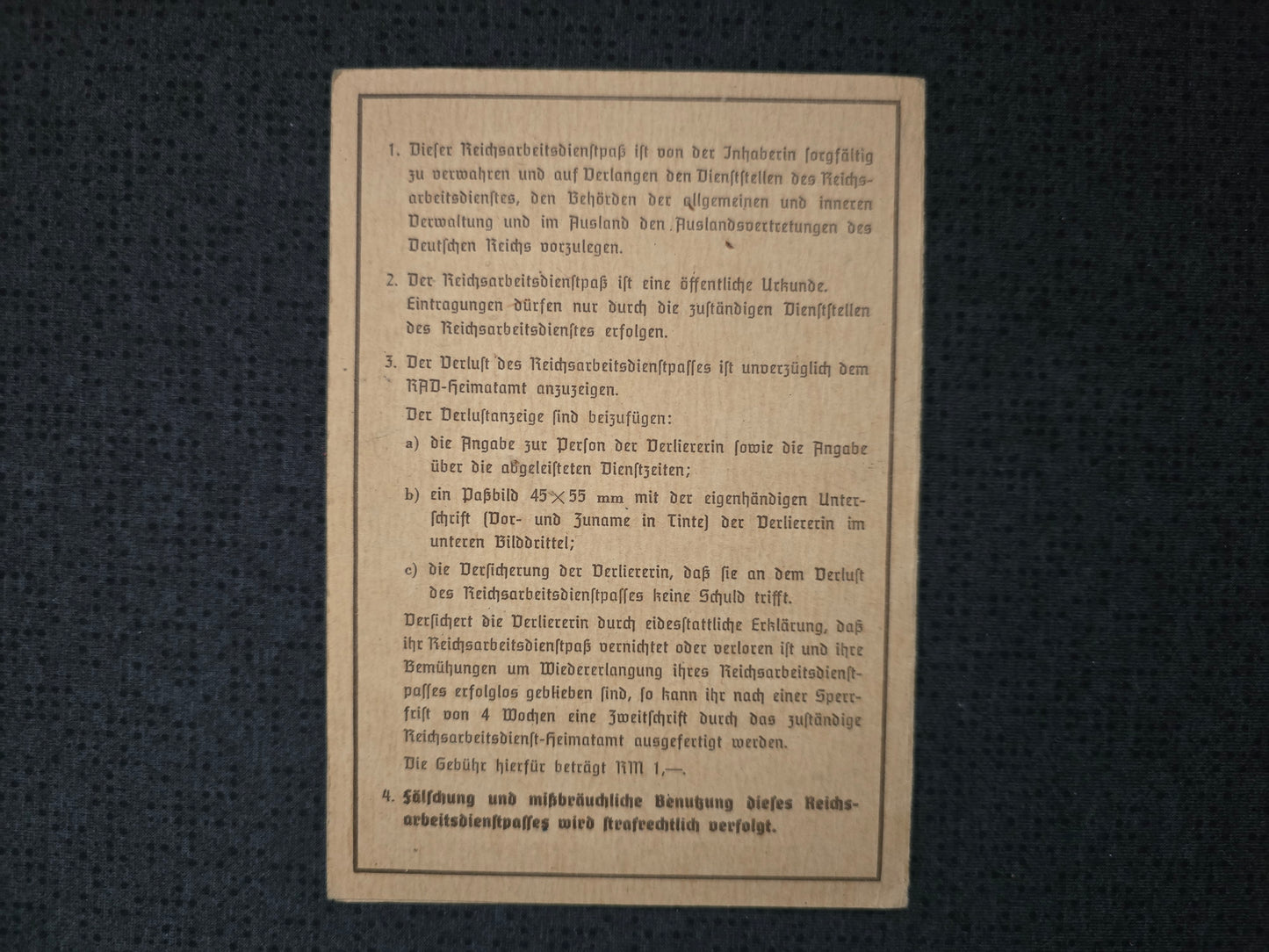 Reichsarbeitsdienst Paß RAD für die weibliche Jugend von 1941