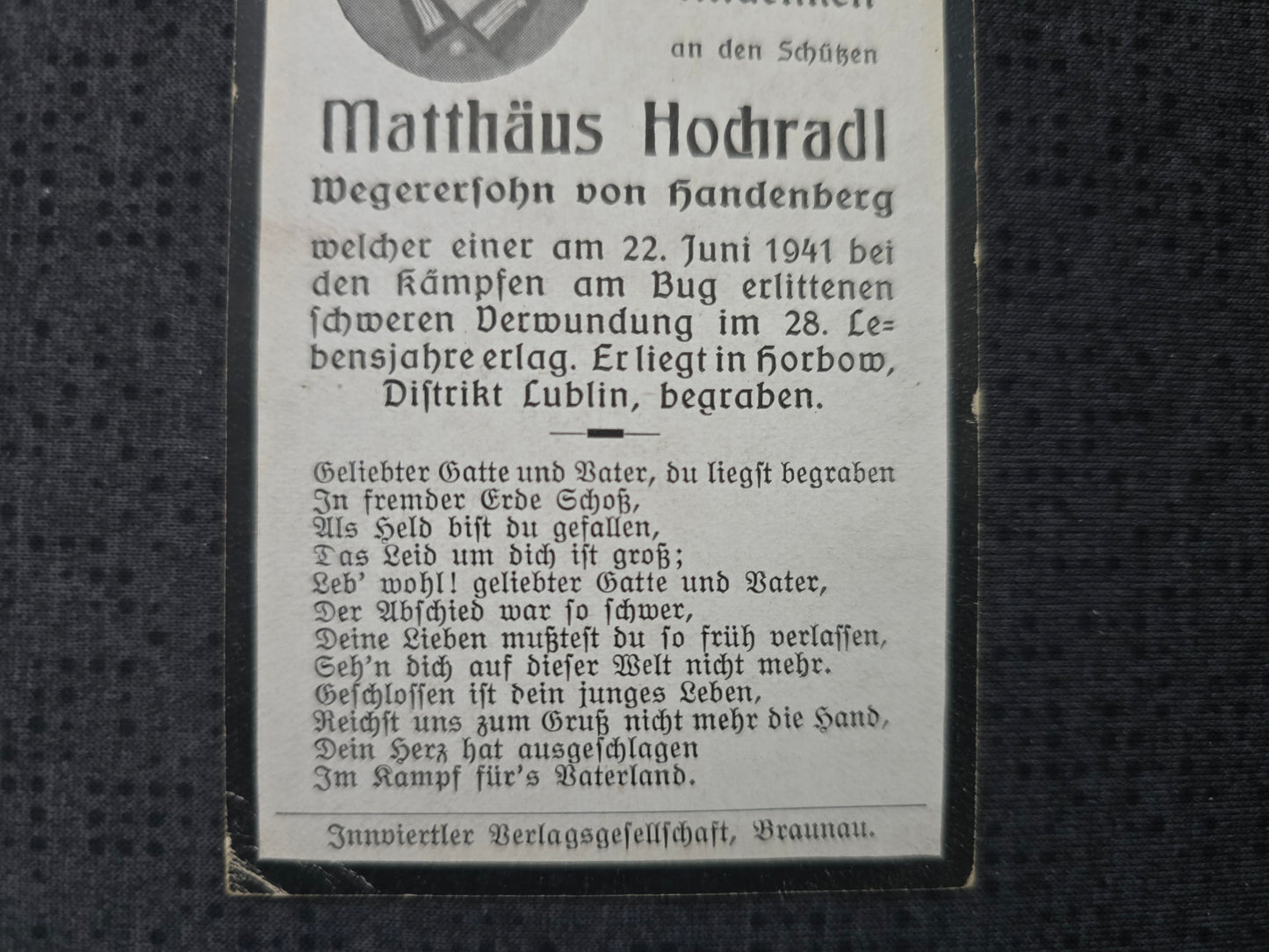 Sterbebild Schütze Handenberg 10. Inf. Regt. 130 Horbow Brest Weissrussland