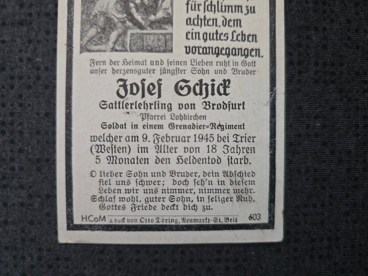 Sterbebild Schütze Lohkirchen Grenadier Regt. Endkampf 18 Jahre Westfront Trier