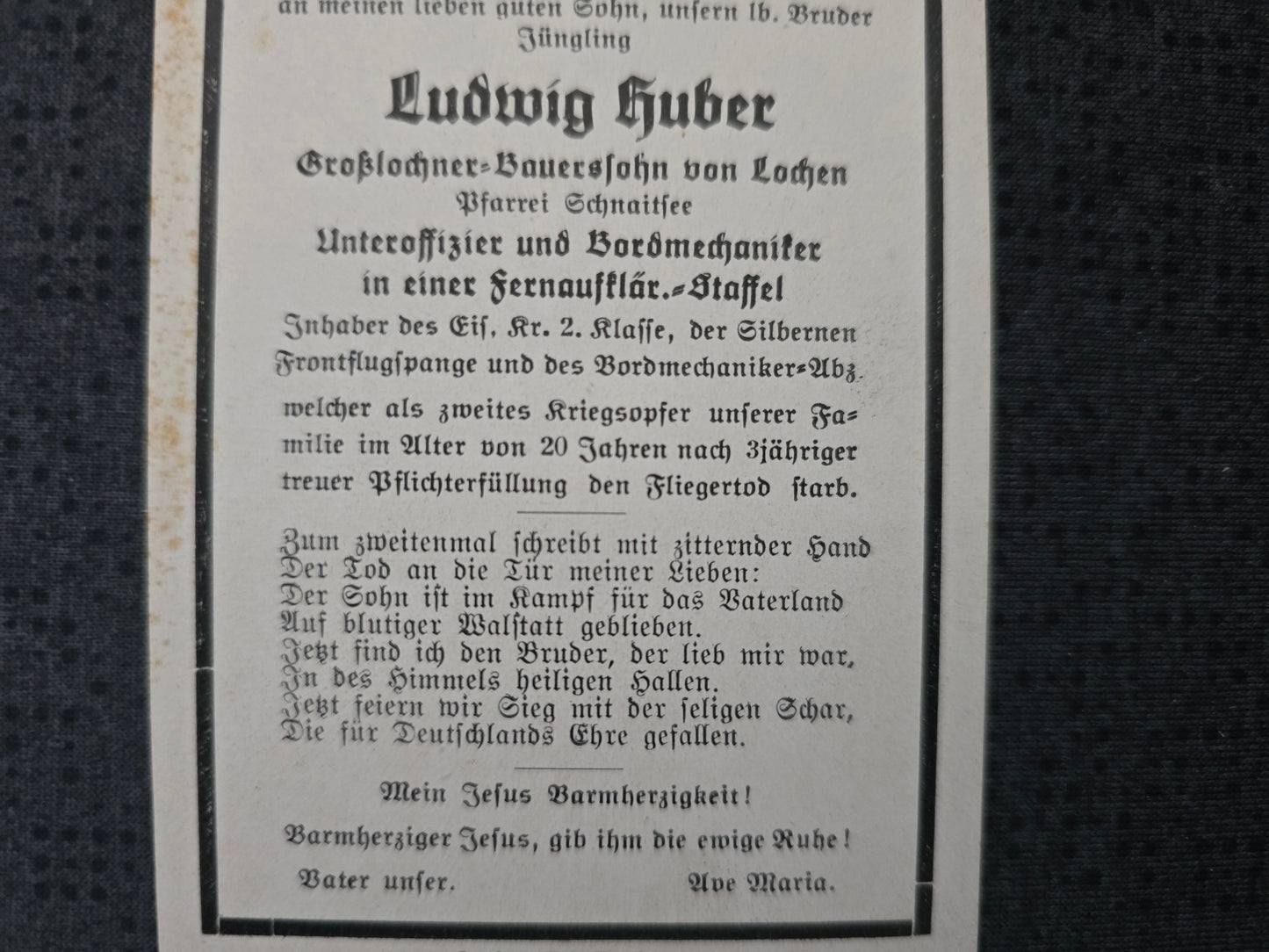 Sterbebild Unteroffizier Lochem 2. Fernaufklärer-Staffel 123 FFS Silber Cadurra Rhodos Griechenland