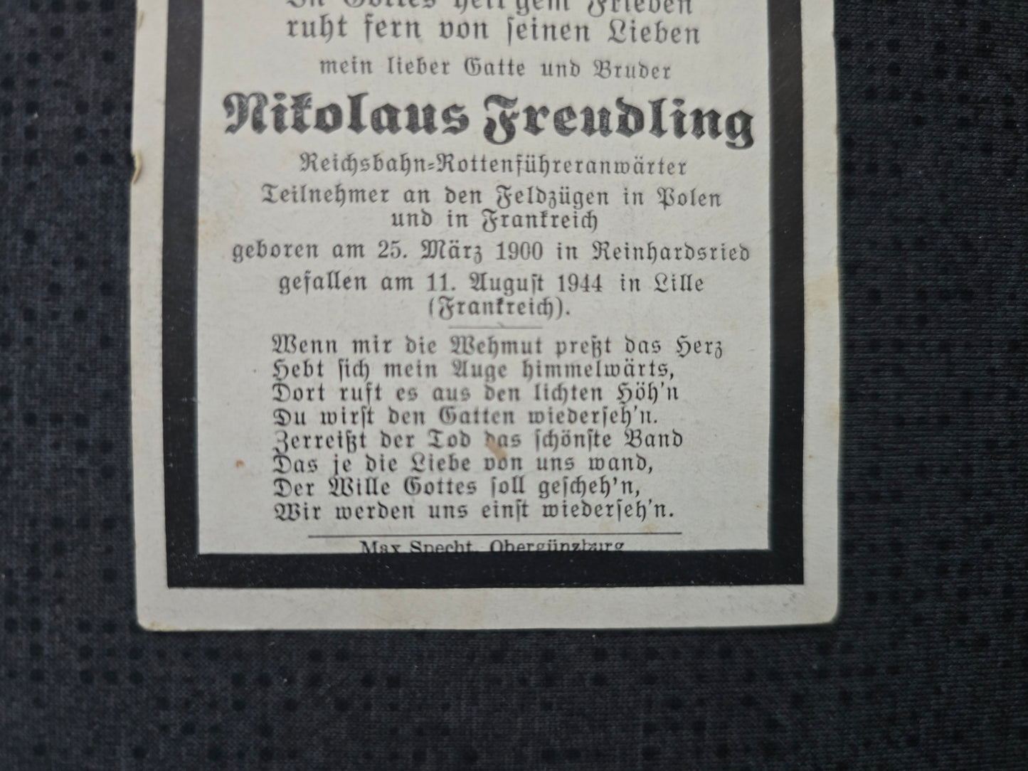 Sterbebild Reichsbahn Rottenführeranwärter Lille Bourdon Frankreich