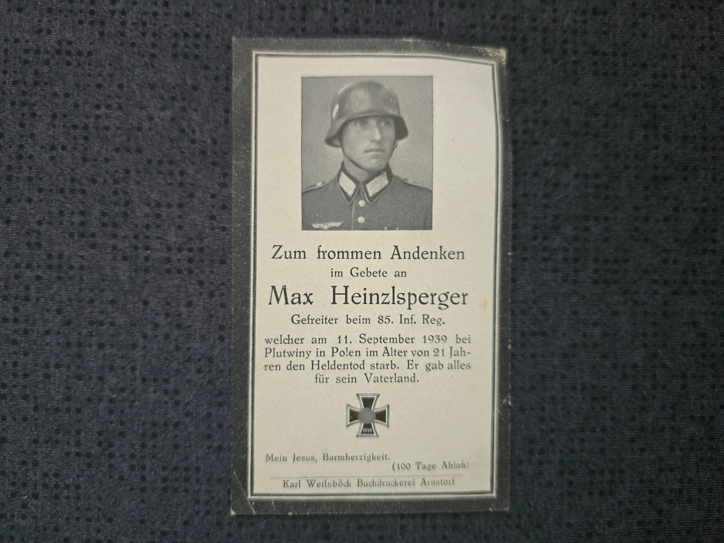 Sterbebild Gefreiter Jägerndorf 11. Komp. Inf. Regt. 85 Plutwiny Polen 1939