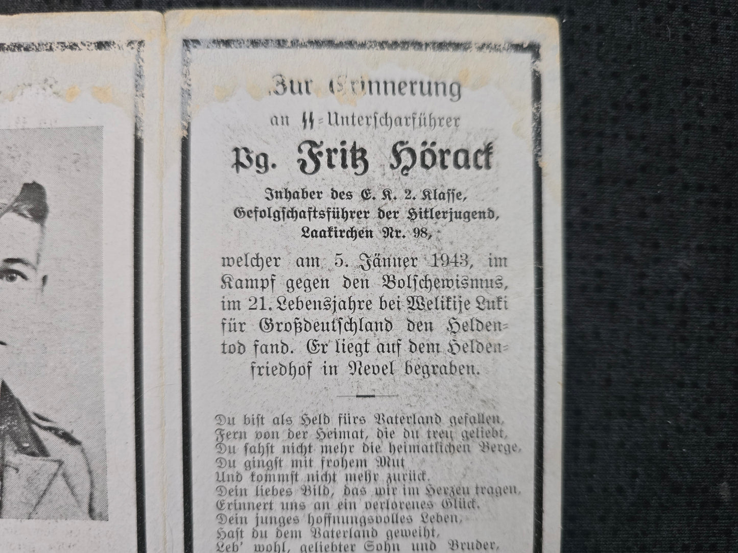 Sterbebild SS-Unterscharführer Vorchdorf 5. Komp SS Inf. Regt. 8 HJ Gefolgschaftsführer Welikije-Luki Russland