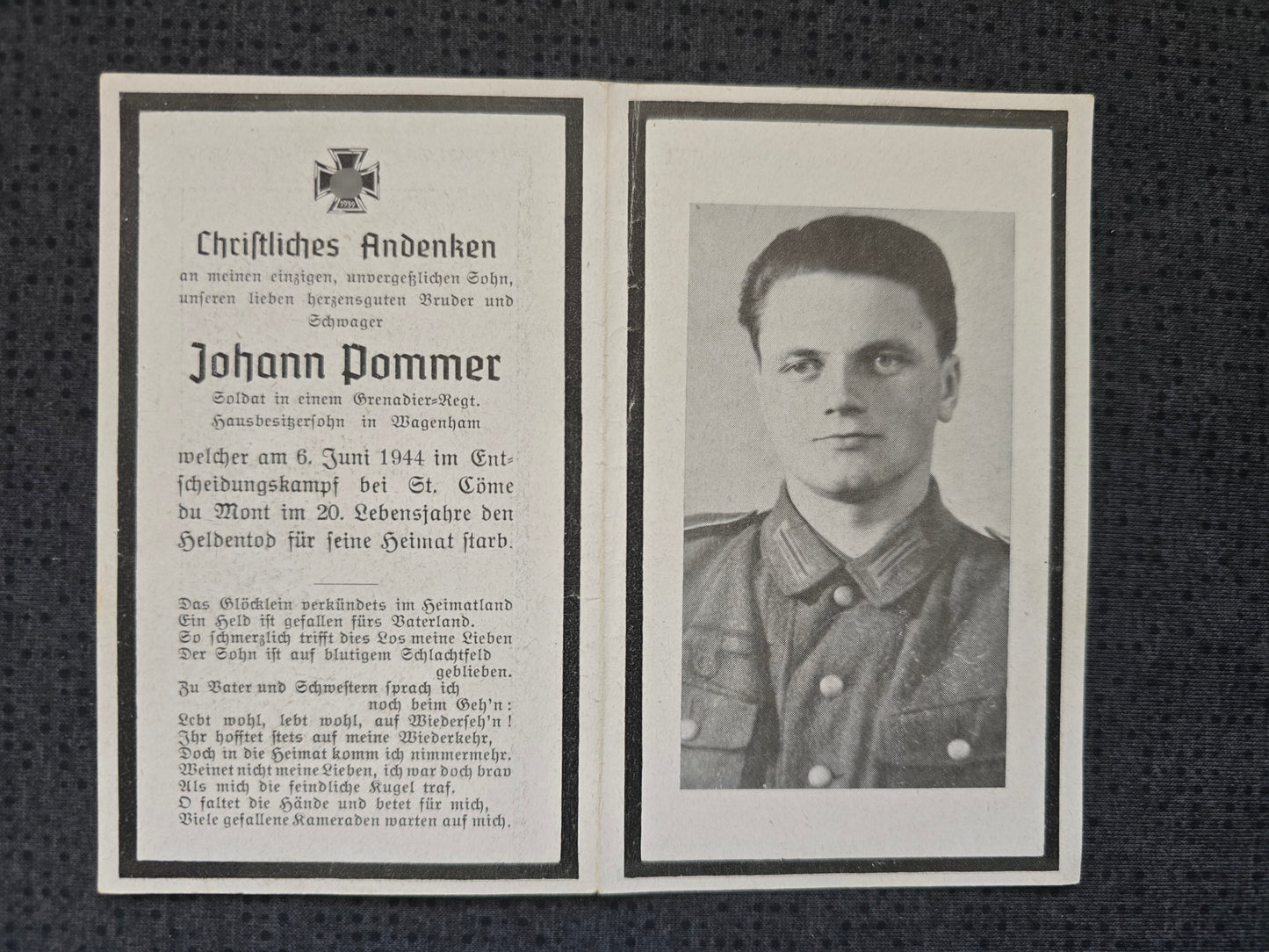 Sterbebild Schütze Wagenham Grenadier Regt. DDay Normandie Saint-Côme-du-Mont Frankreich