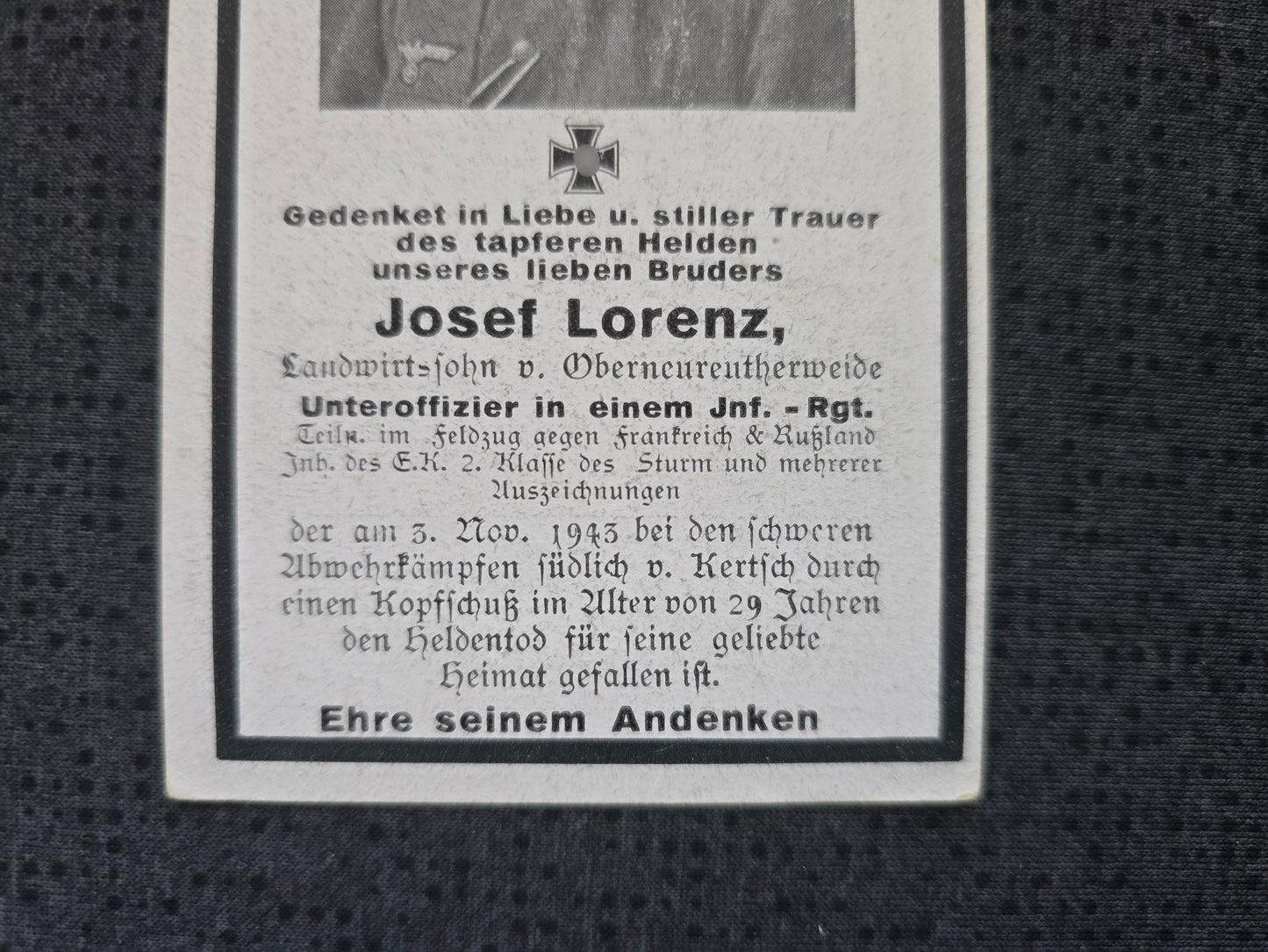 Sterbebild Unteroffizier Oberneureutherweide 1. Komp. Gren. Regt. 290 Kopfschuss Kertsch Ukraine