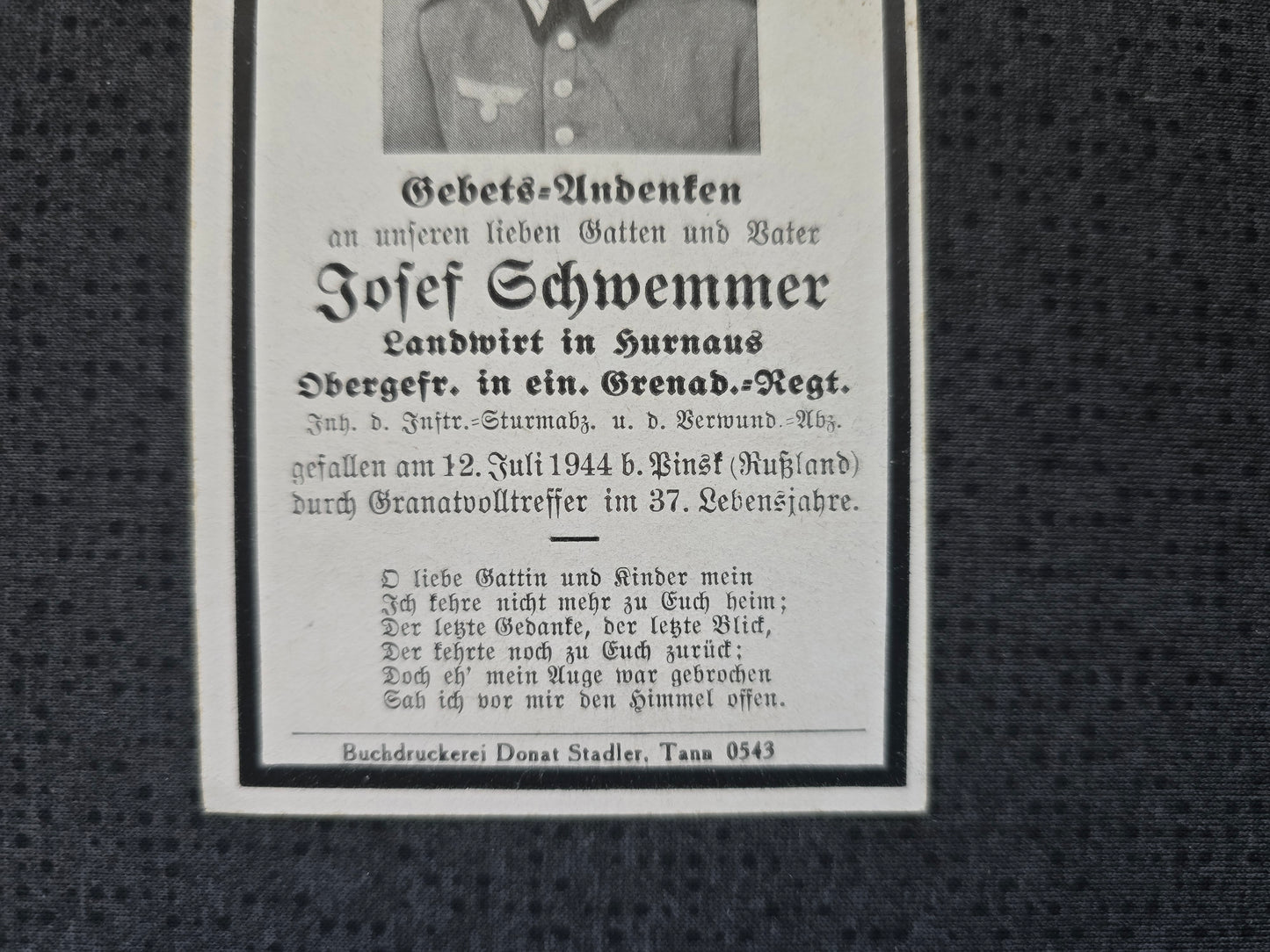 Sterbebild Obergefreiter Hurnaus Grenadier Regt. Pinsk Weissrussland