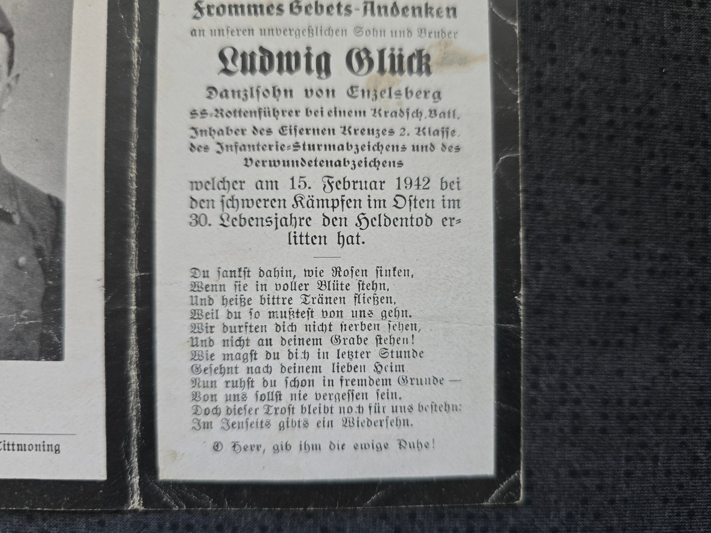 Sterbebild SS-Rottenführer Enzelsberg 5. Komp. SS-Kradschützen Btl. "Das Reich" Kokoschkino Russland