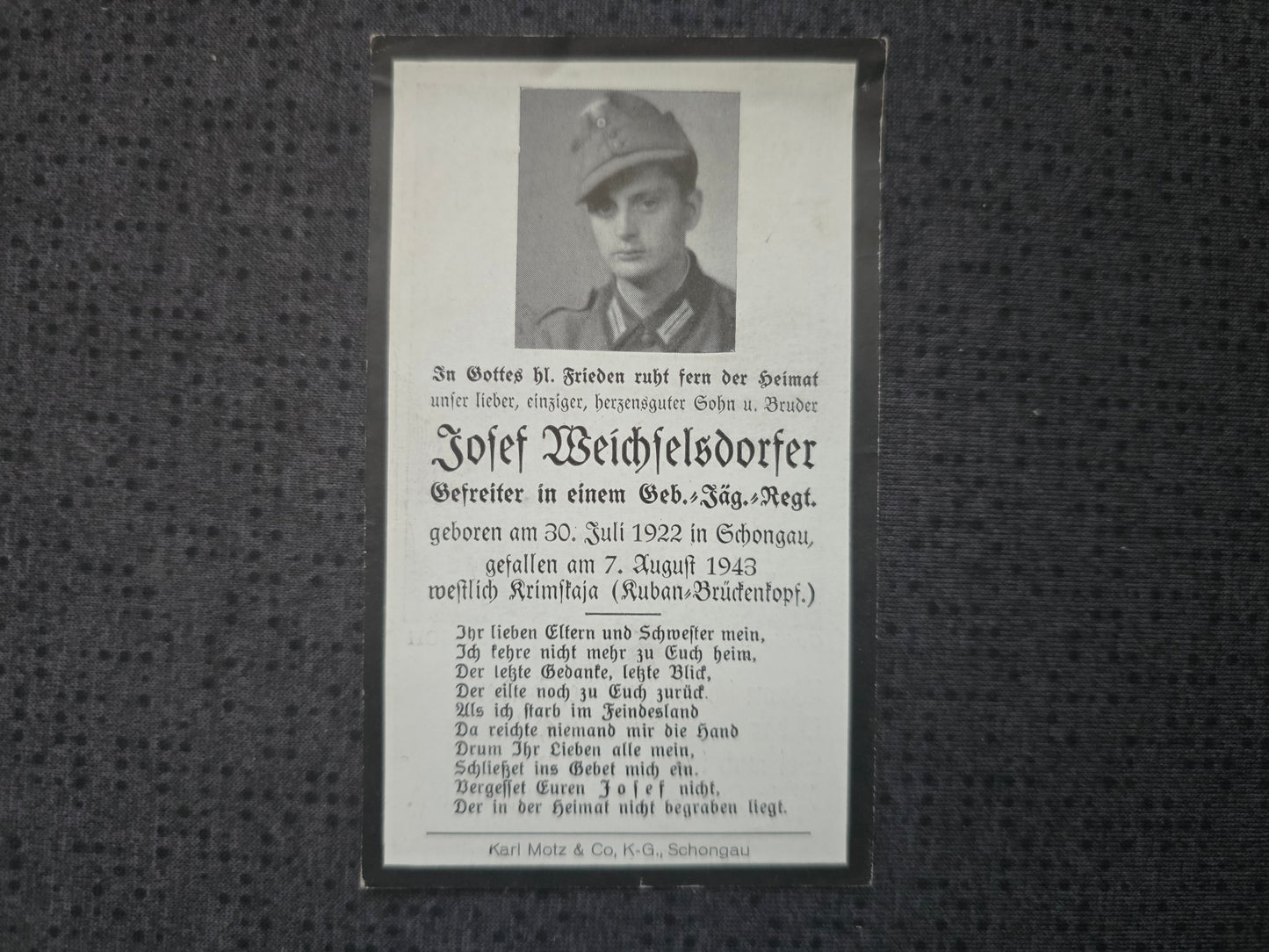 Sterbebild Gefreiter Schongau 7. Komp. Gebirgsjäger Regt. 204 Kuban-Brückenkopf Krasnodar Russland