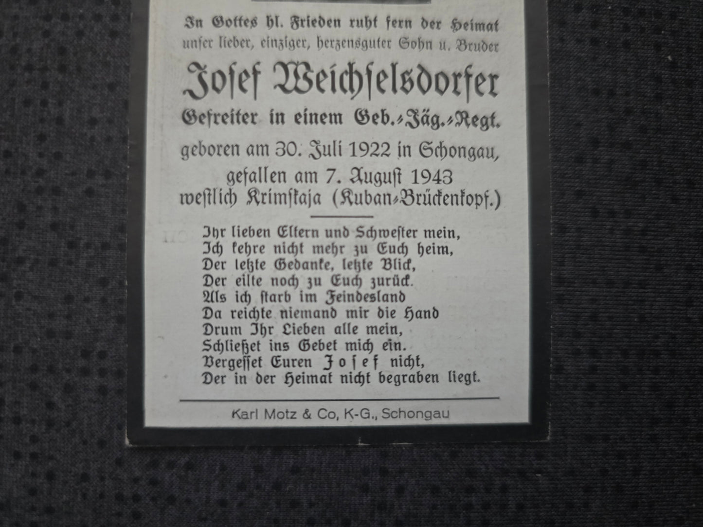 Sterbebild Gefreiter Schongau 7. Komp. Gebirgsjäger Regt. 204 Kuban-Brückenkopf Krasnodar Russland