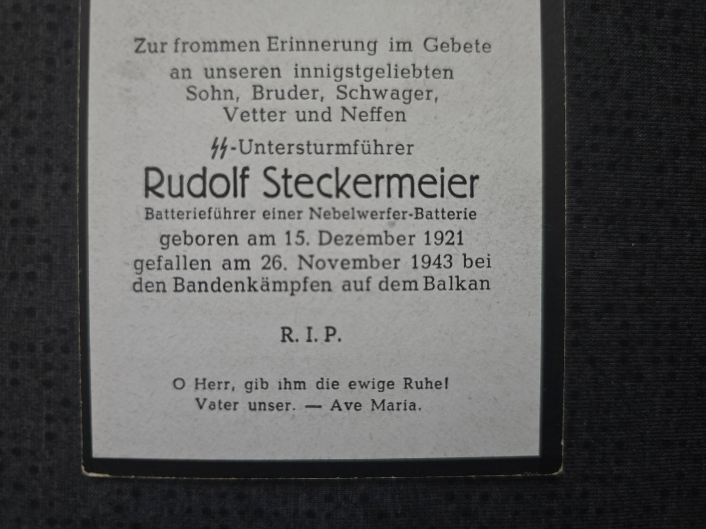 Sterbebild SS-Untersturmführer Batterieführer Nebelwerfer-Batterie Bandenkampf Balkan