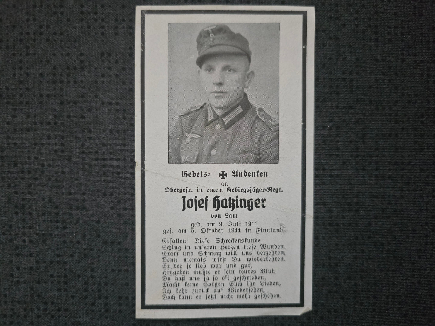 Sterbebild Obergefreiter Lam Gebirgsjäger Regt. Finnland