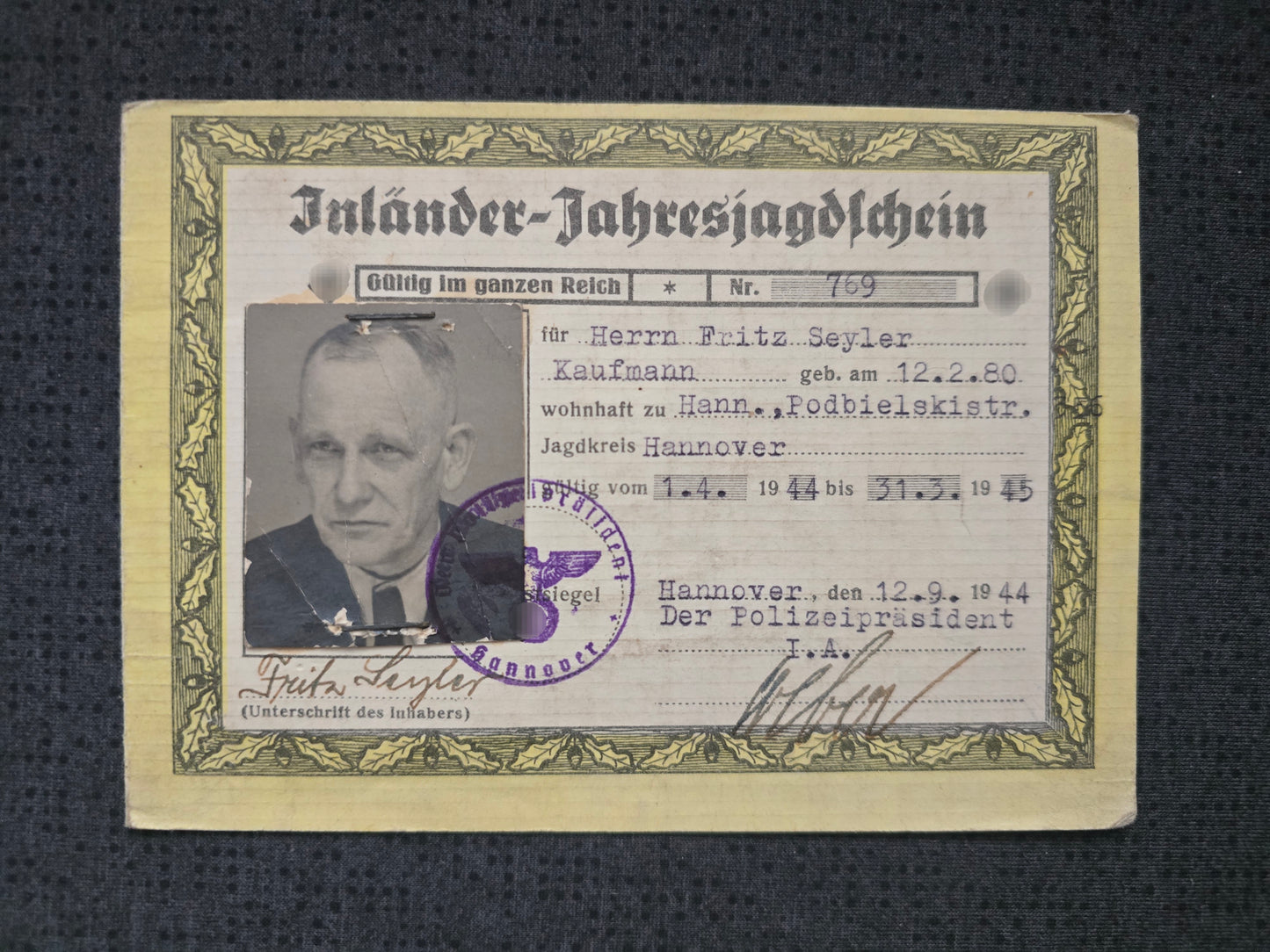 Inländer Jahresjagdschein von 1944 Jagdkreis Hannover