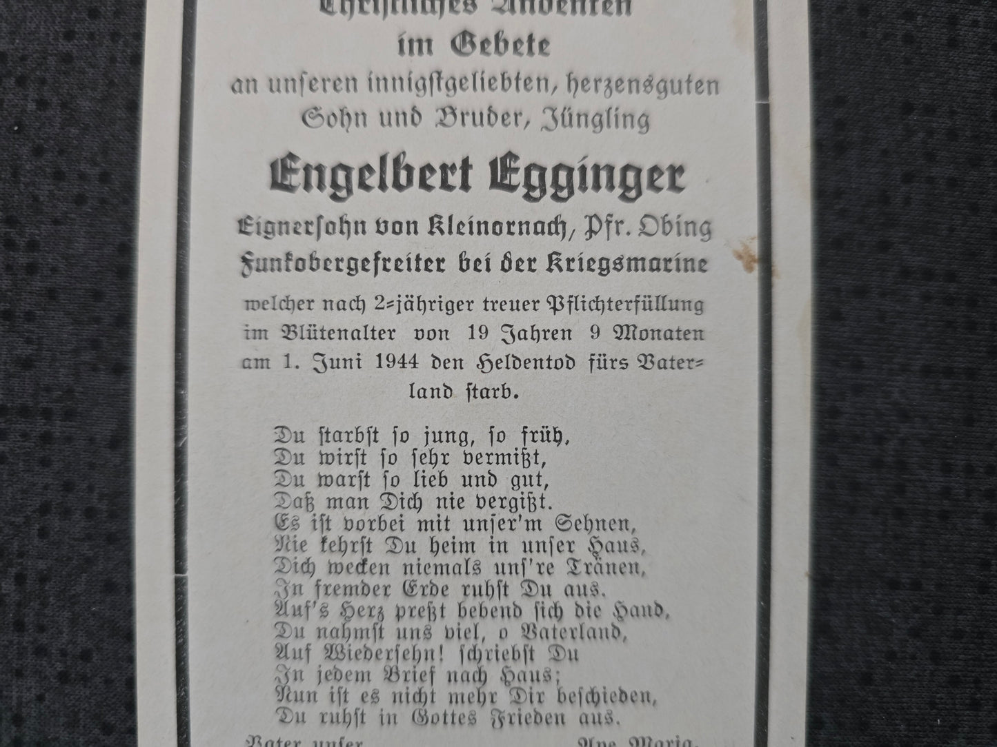 Sterbebild Funk-Obergefreiter Obing Sperrbrecher 181 Stadlandet Vestkapp Trondheim Norwegen